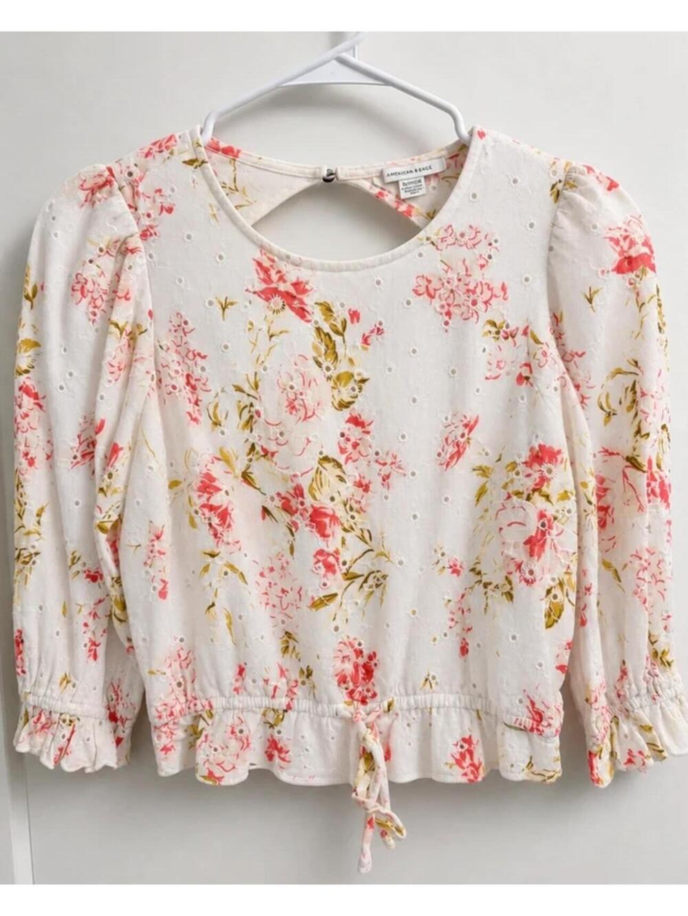 American Eagle Floral Eyelet Peplum Top XS Blouse
